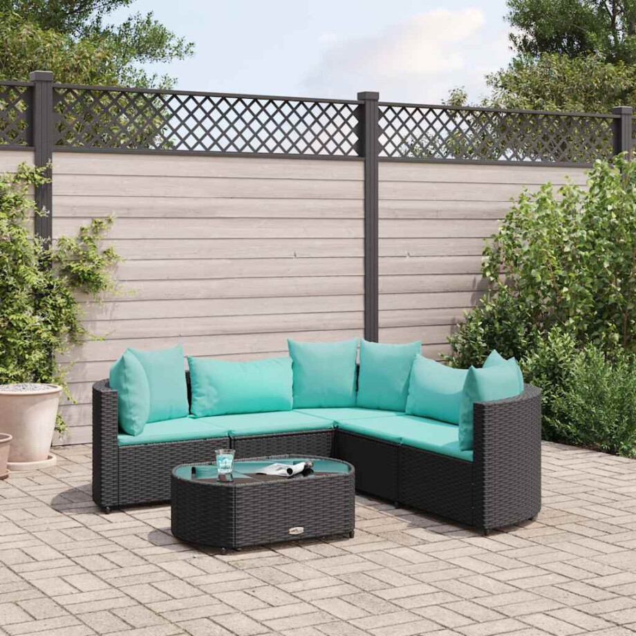 vidaXL 6-delige Loungeset met kussens poly rattan zwart afbeelding 1