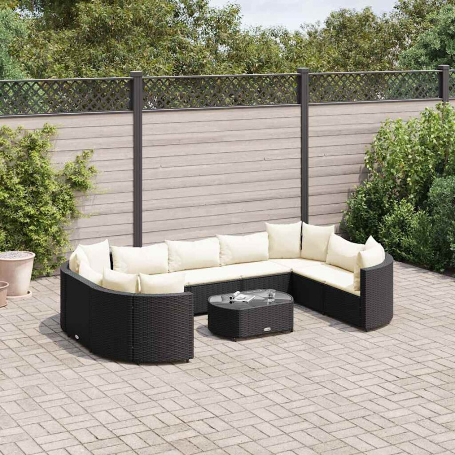 vidaXL 10-delige Loungeset met kussens poly rattan zwart afbeelding 1