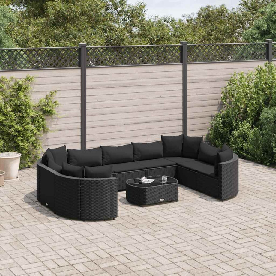 vidaXL 10-delige Loungeset met kussens poly rattan zwart afbeelding 1