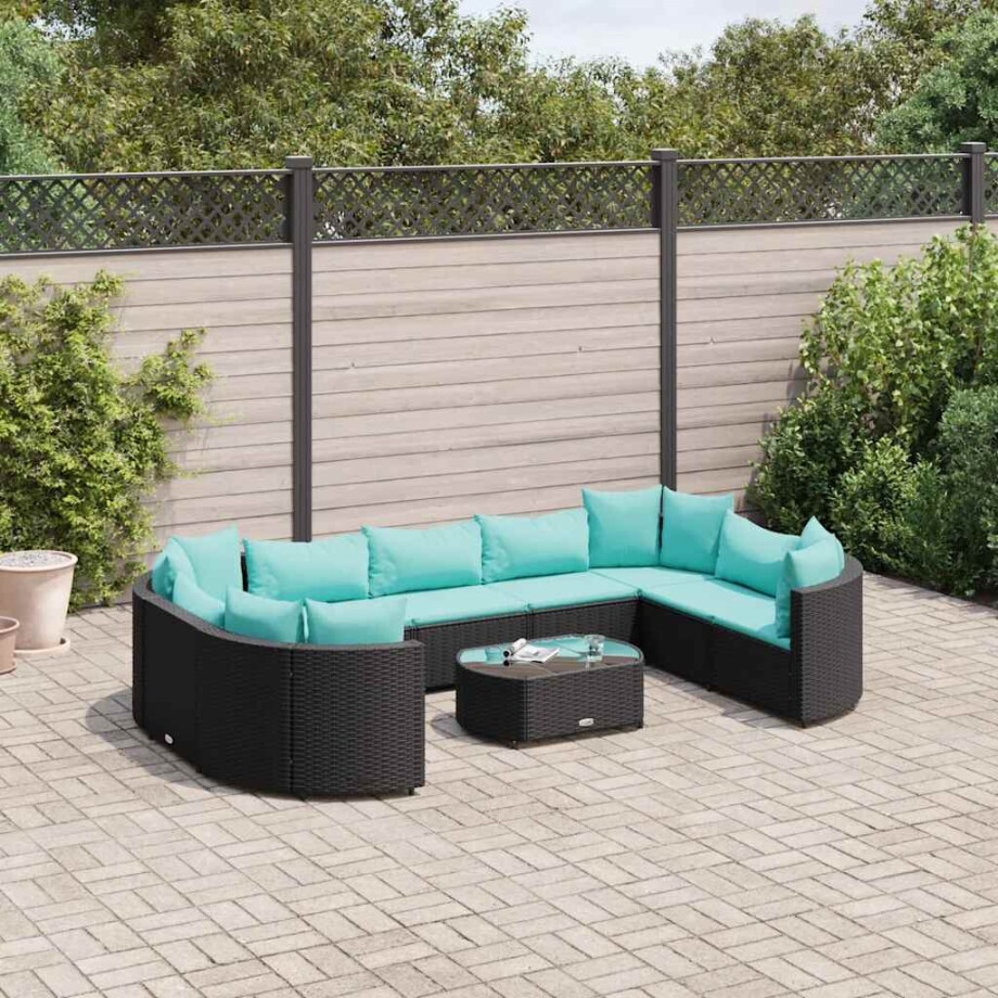 vidaXL 10-delige Loungeset met kussens poly rattan zwart afbeelding 1