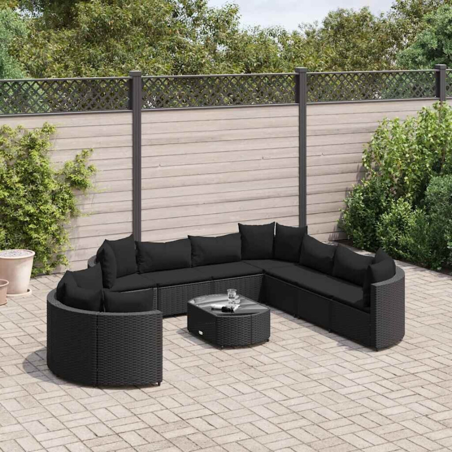 vidaXL 10-delige Loungeset met kussens poly rattan zwart afbeelding 1