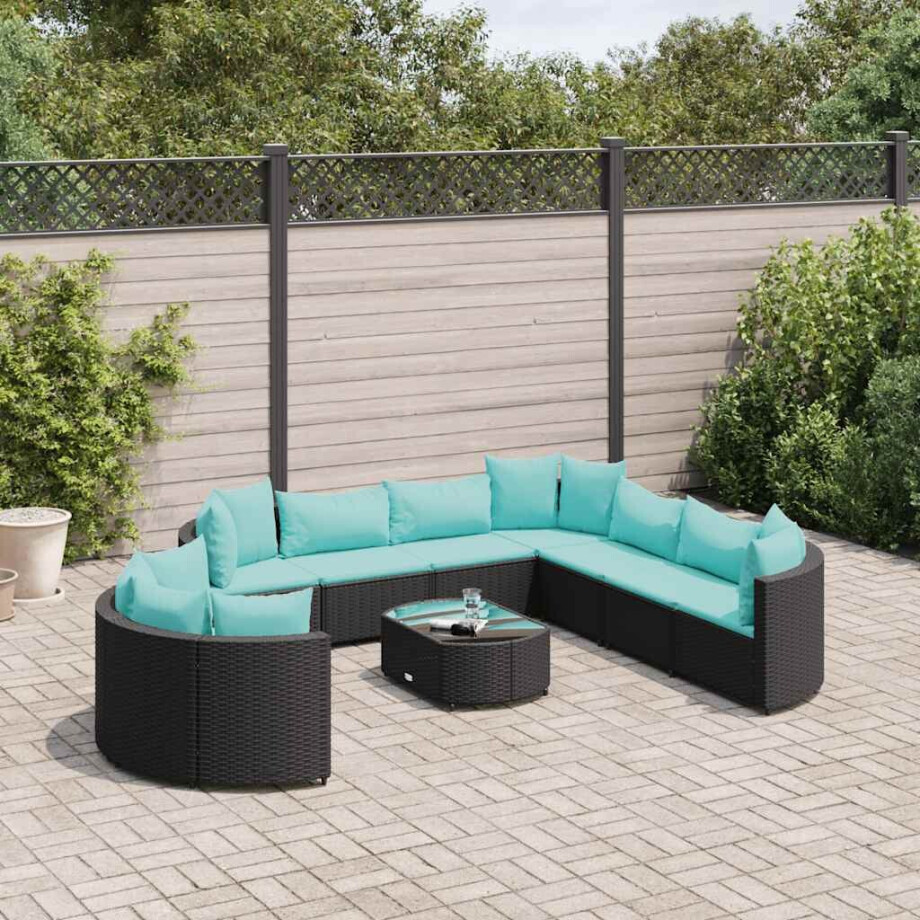 vidaXL 10-delige Loungeset met kussens poly rattan zwart afbeelding 1