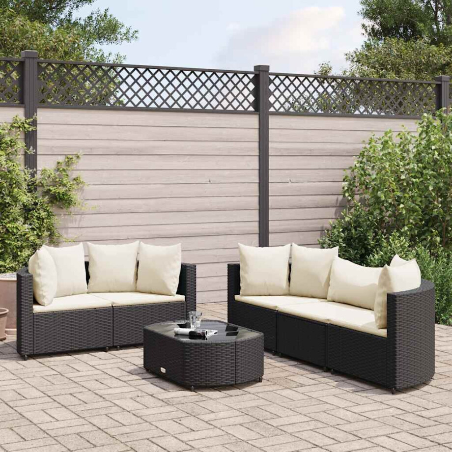 vidaXL 6-delige Loungeset met kussens poly rattan zwart afbeelding 1