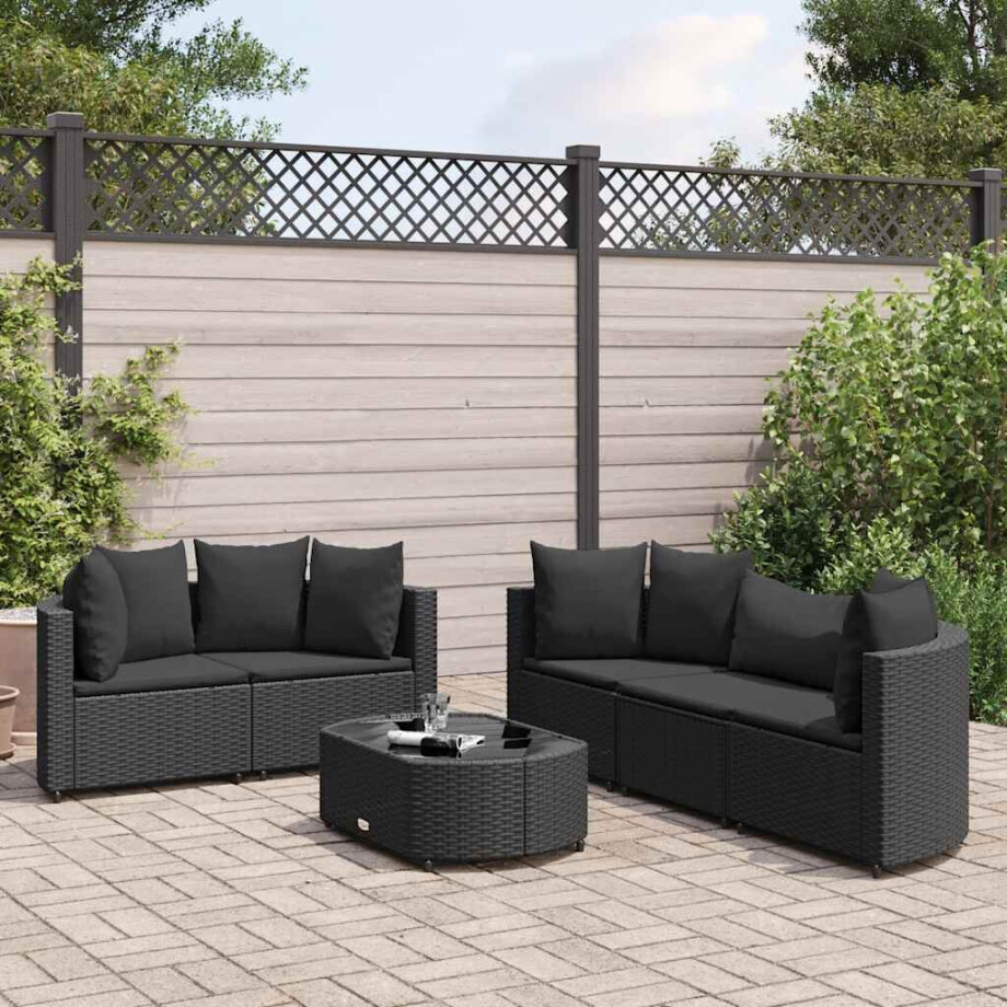 vidaXL 6-delige Loungeset met kussens poly rattan zwart afbeelding 1