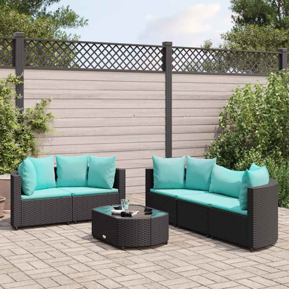 vidaXL 6-delige Loungeset met kussens poly rattan zwart afbeelding 1
