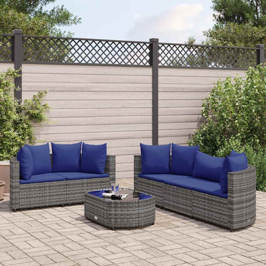 vidaXL 6-delige Loungeset met kussens poly rattan grijs afbeelding 1