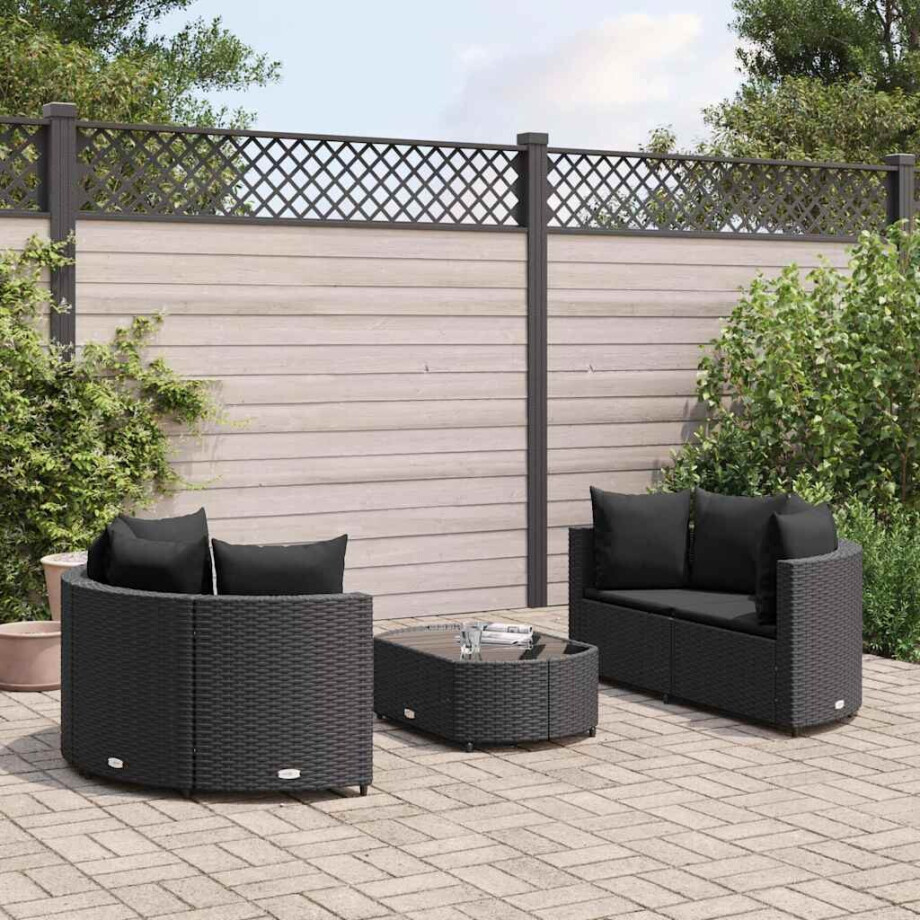 vidaXL 5-delige Loungeset met kussens poly rattan zwart afbeelding 1