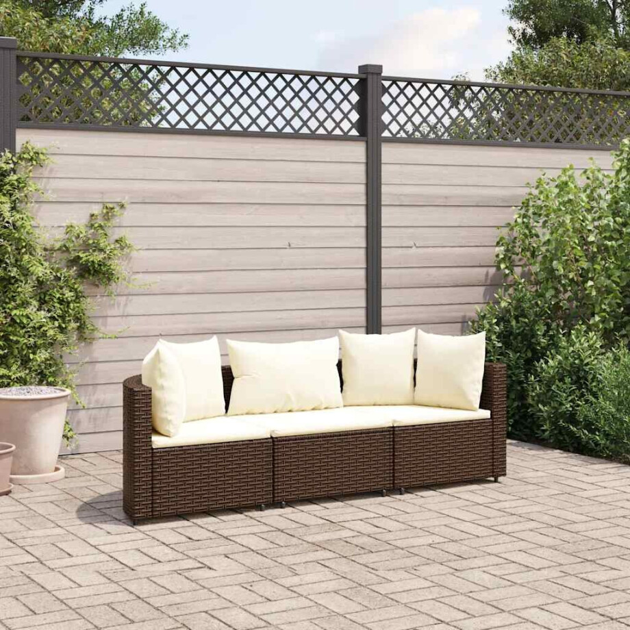 vidaXL 3-delige Loungeset met kussens poly rattan bruin afbeelding 1