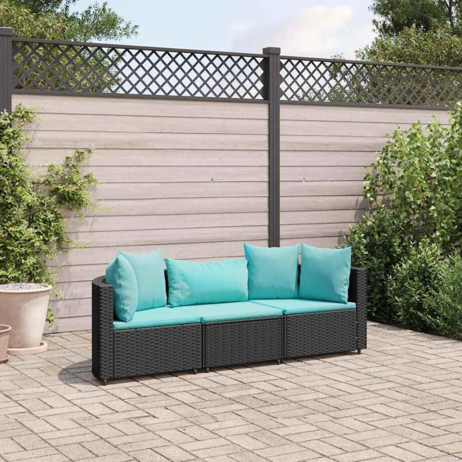 vidaXL 3-delige Loungeset met kussens poly rattan zwart afbeelding 1