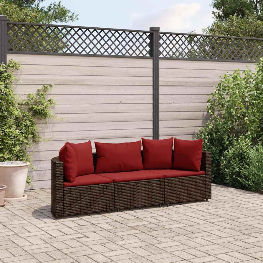 vidaXL 3-delige Loungeset met kussens poly rattan bruin afbeelding 1