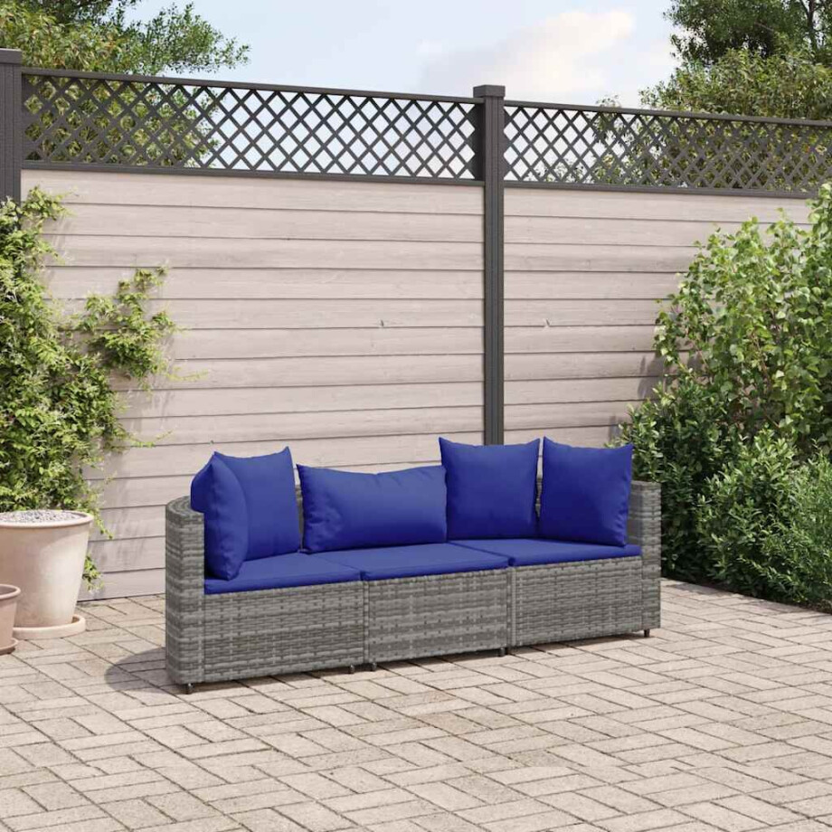 vidaXL 3-delige Loungeset met kussens poly rattan grijs afbeelding 1