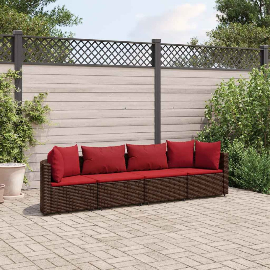vidaXL 4-delige Loungeset met kussens poly rattan bruin afbeelding 1
