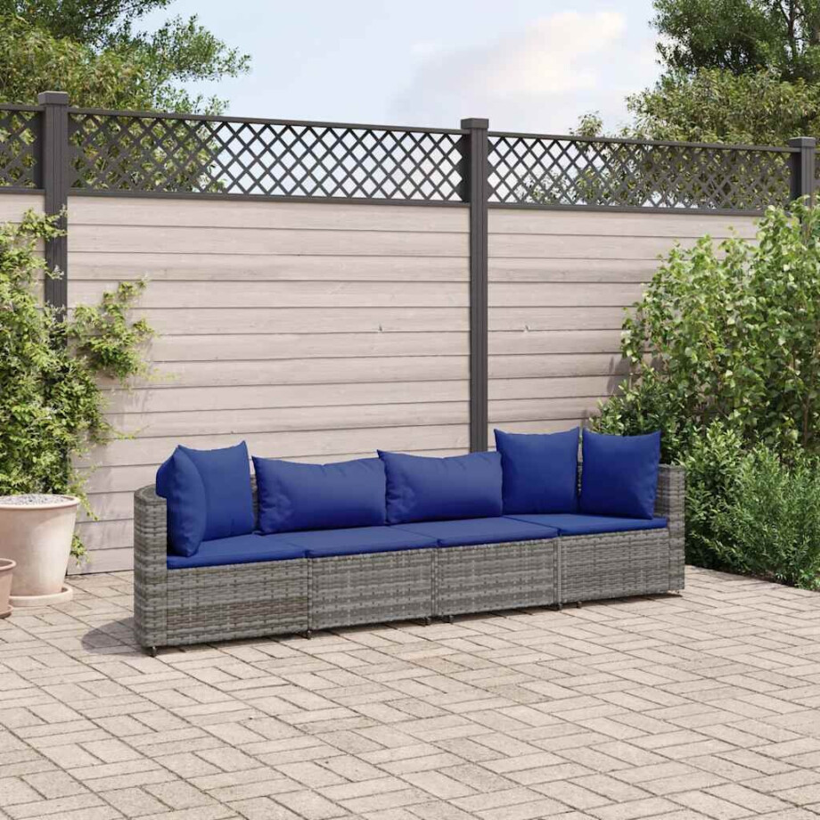 vidaXL 4-delige Loungeset met kussens poly rattan grijs afbeelding 1