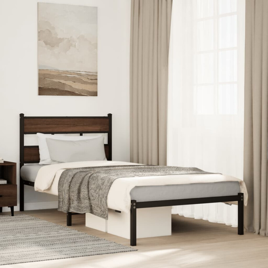 vidaXL Bedframe met hoofdbord zonder matras bruin eiken 100x190 cm afbeelding 1