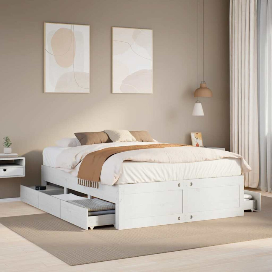 vidaXL Bedframe zonder matras met lades grenenhout wit 140x190 cm afbeelding 1