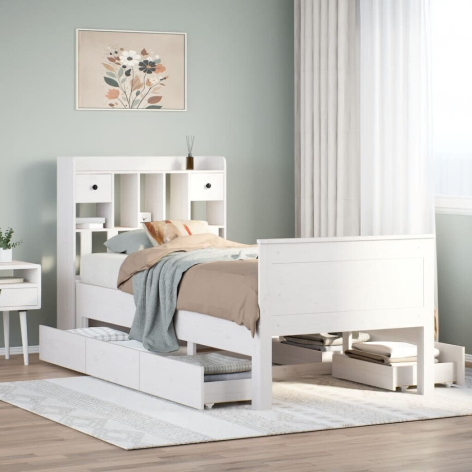 vidaXL Bed met boekenkast zonder matras grenenhout wit 90x200 cm afbeelding 1