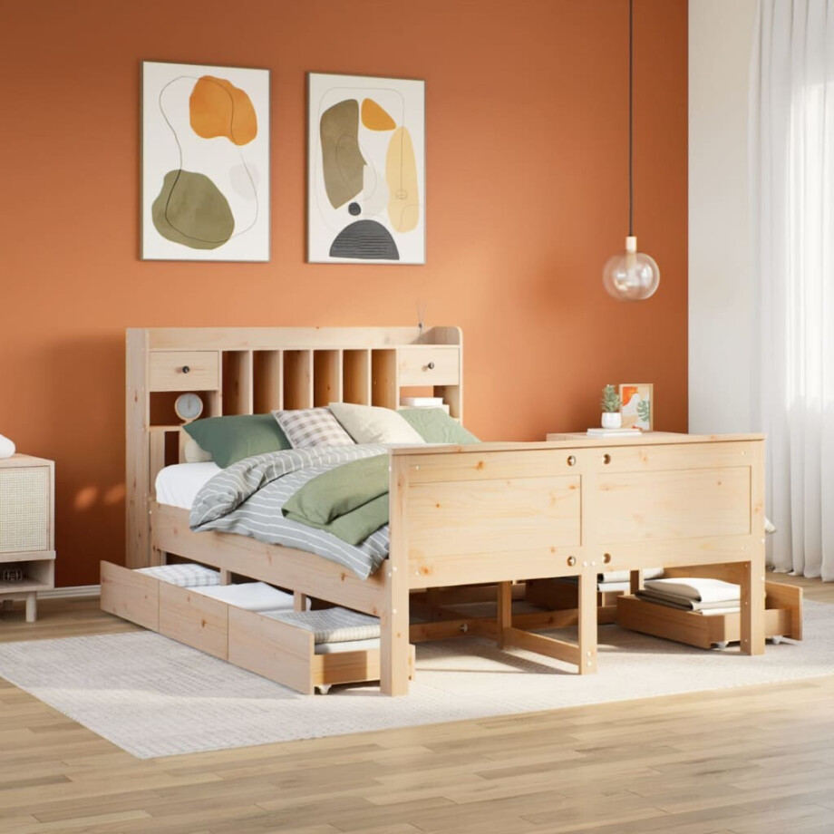 vidaXL Bed met boekenkast zonder matras massief grenenhout 140x190 cm afbeelding 1