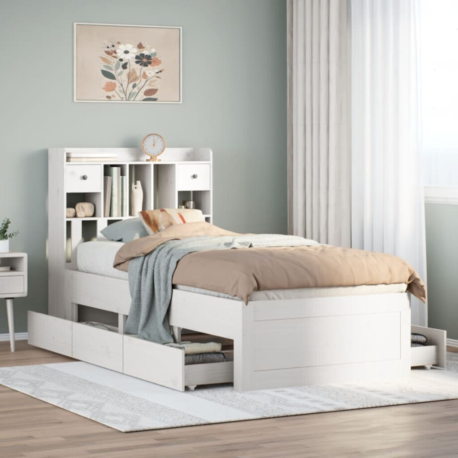 vidaXL Bed met boekenkast zonder matras grenenhout wit 90x200 cm vidaXL Bed met boekenkast zonder matras grenenhout wit 90x200 cm afbeelding 1