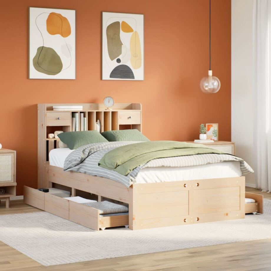 vidaXL Bed met boekenkast zonder matras massief grenenhout 135x190 cm afbeelding 1