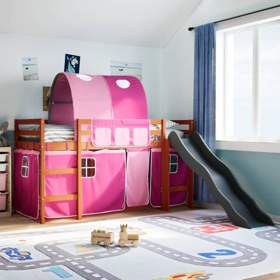 vidaXL Kinderhoogslaper met tunnel 90x190 cm massief grenenhout roze afbeelding 1