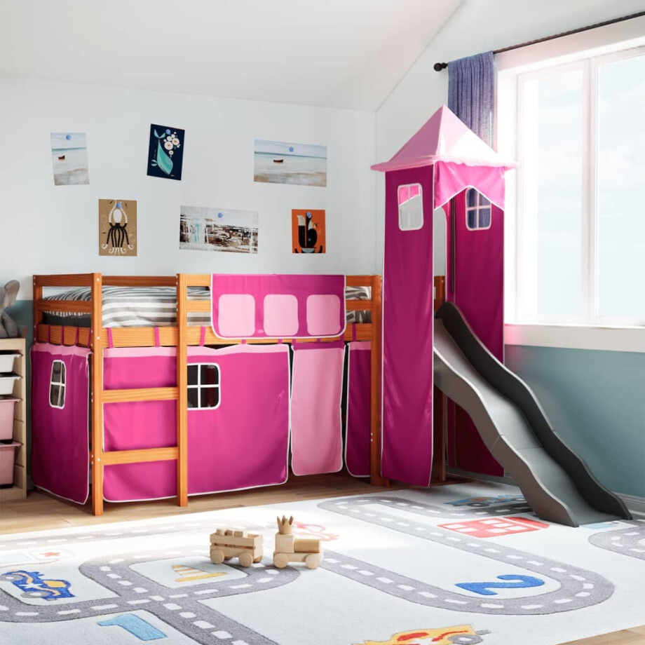 vidaXL Kinderhoogslaper met toren 80x200 cm massief grenenhout roze afbeelding 1