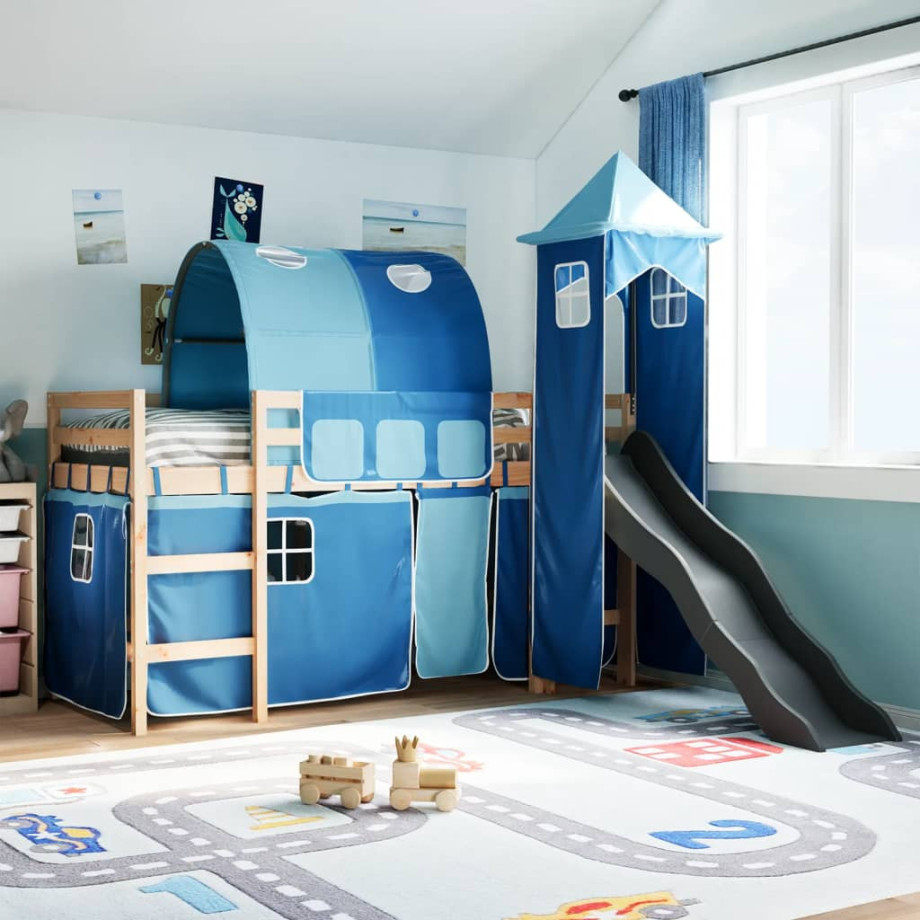 vidaXL Kinderhoogslaper met toren 90x190 cm massief grenenhout blauw afbeelding 1