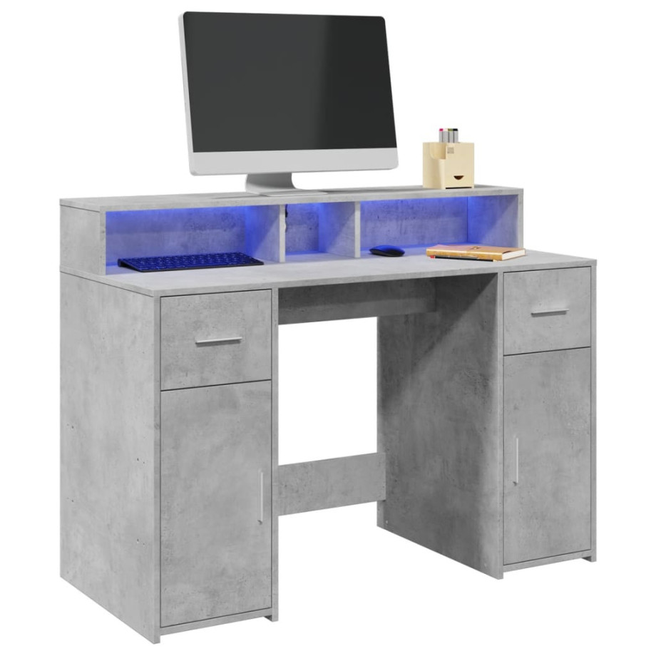 vidaXL Bureau met LED-verlichting 120x55x91 cm bewerkt hout betongrijs afbeelding 1