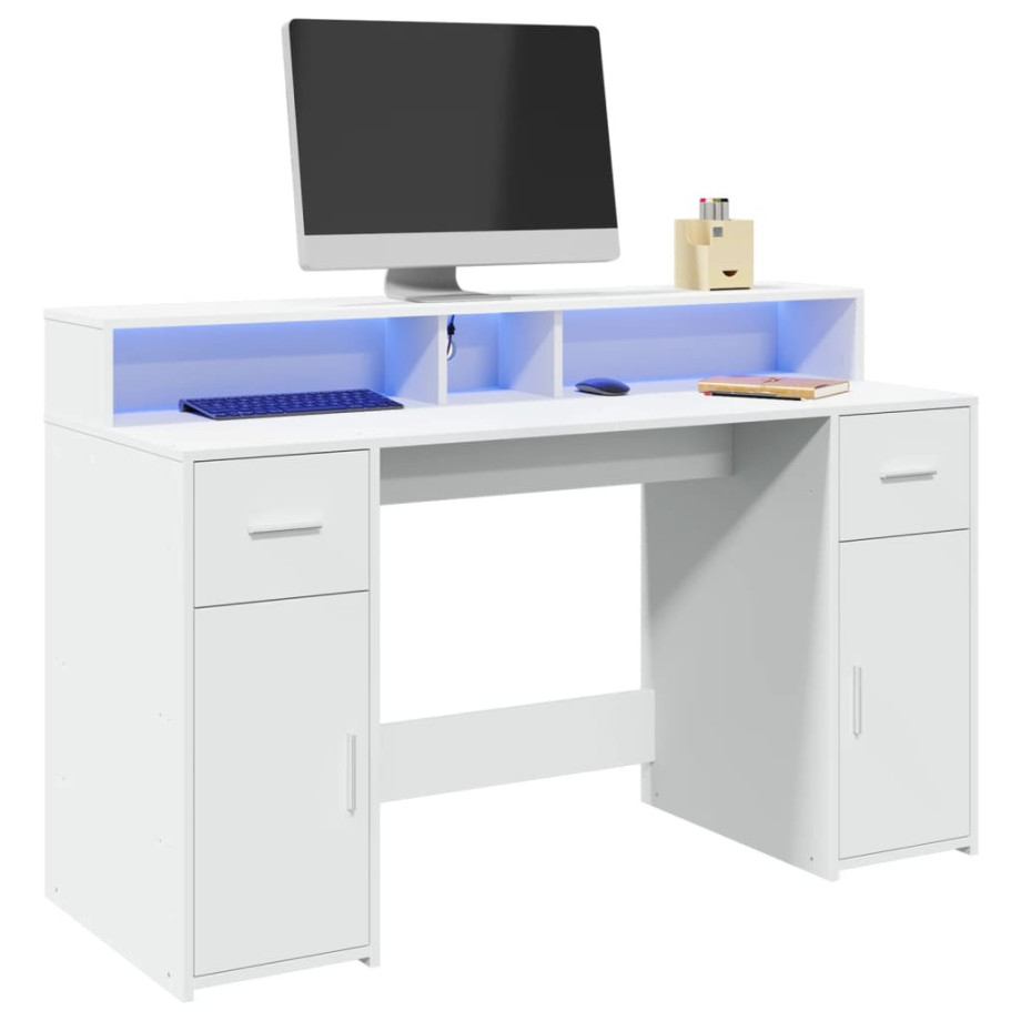 vidaXL Bureau met LED-verlichting 140x55x91 cm bewerkt hout wit afbeelding 1