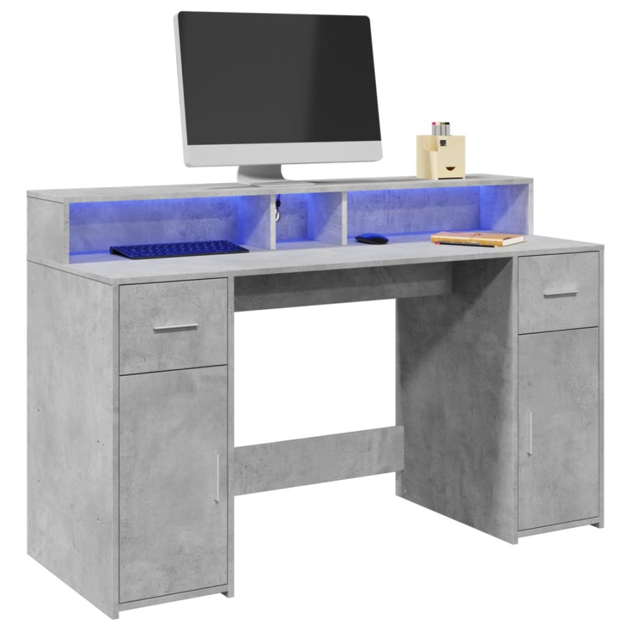 vidaXL Bureau met LED-verlichting 140x55x91 cm bewerkt hout betongrijs afbeelding 1