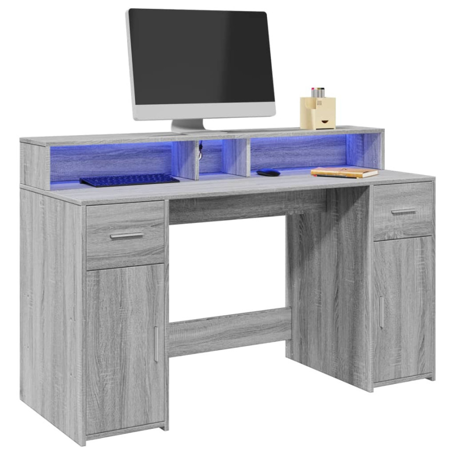 vidaXL Bureau met LED-verlichting 140x55x91 cm hout grijs sonoma eiken afbeelding 1