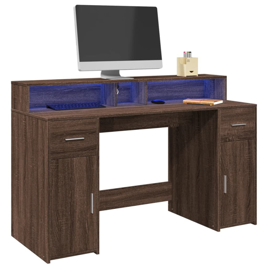 vidaXL Bureau met LED-verlichting 140x55x91 cm hout bruin eikenkleurig afbeelding 1