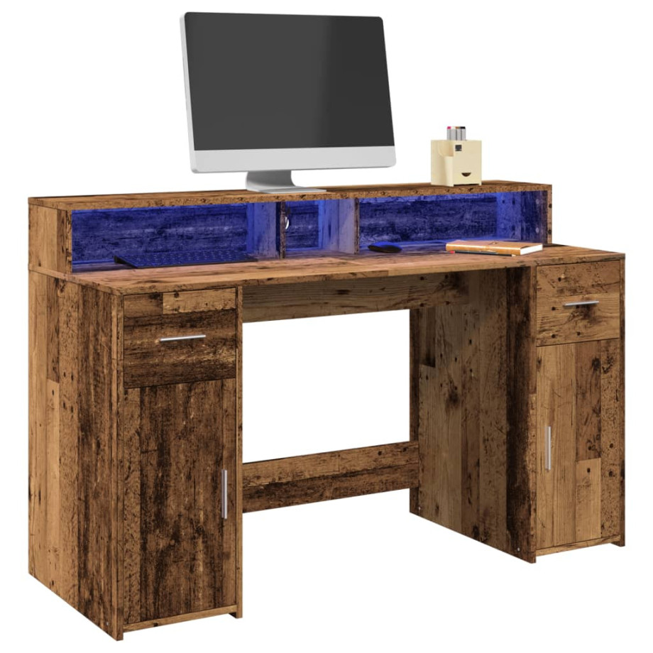 vidaXL Bureau met LED-verlichting 140x55x91 cm bewerkt hout oud hout afbeelding 1