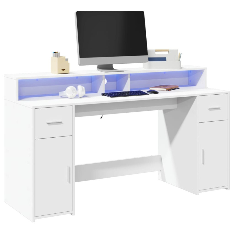 vidaXL Bureau met LED-verlichting 160x55x91 cm bewerkt hout wit afbeelding 1