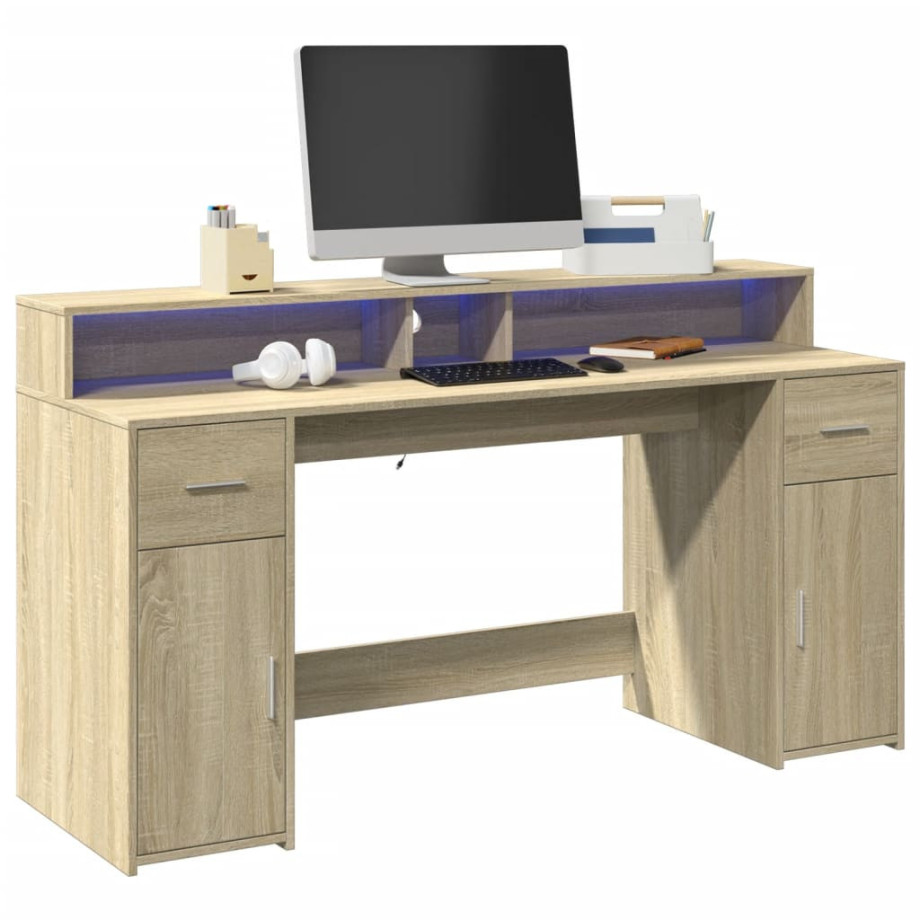 vidaXL Bureau met LED-verlichting 160x55x91 cm hout sonoma eikenkleur afbeelding 1