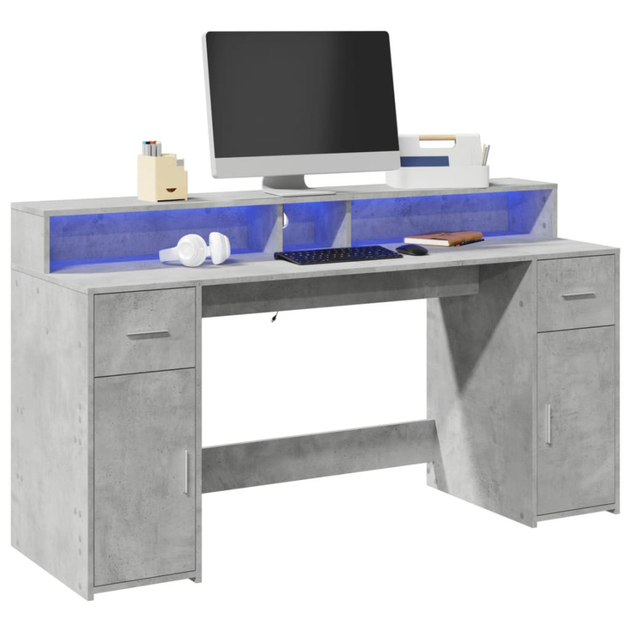 vidaXL Bureau met LED-verlichting 160x55x91 cm bewerkt hout betongrijs afbeelding 1