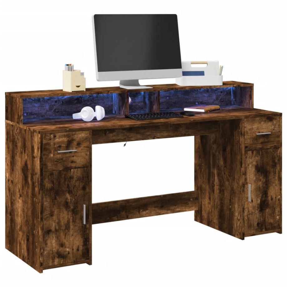 vidaXL Bureau met LED-verlichting 160x55x91 cm hout gerookt eikenkleur afbeelding 1