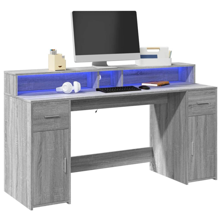 vidaXL Bureau met LED-verlichting 160x55x91 cm hout grijs sonoma eiken afbeelding 1