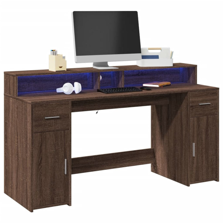 vidaXL Bureau met LED-verlichting 160x55x91 cm hout bruin eikenkleurig afbeelding 1