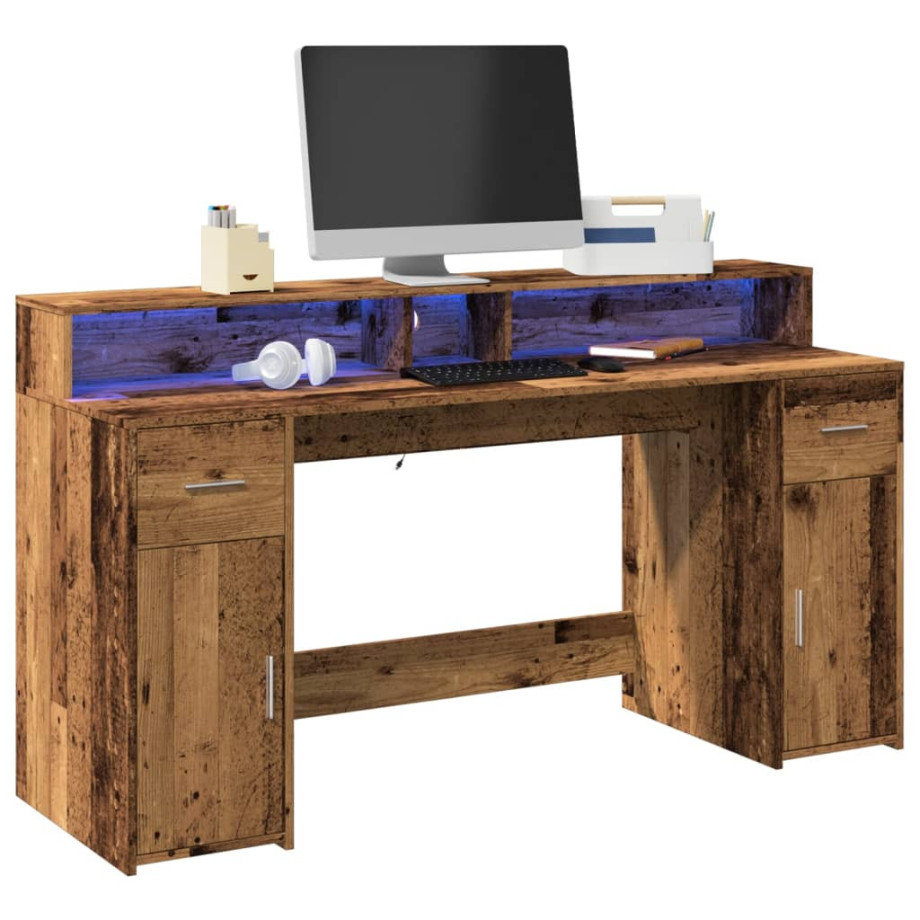 vidaXL Bureau met LED-verlichting 160x55x91 cm bewerkt hout oud hout afbeelding 1