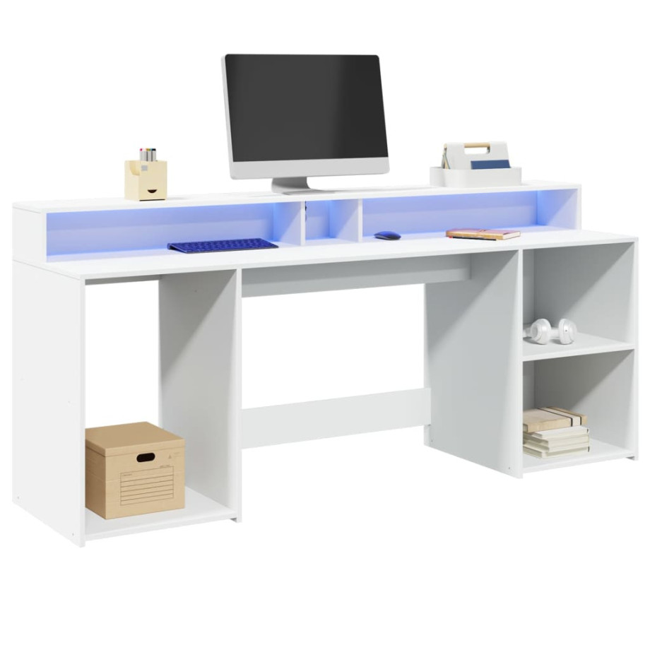 vidaXL Bureau met LED-verlichting 200x55x91 cm bewerkt hout wit afbeelding 1