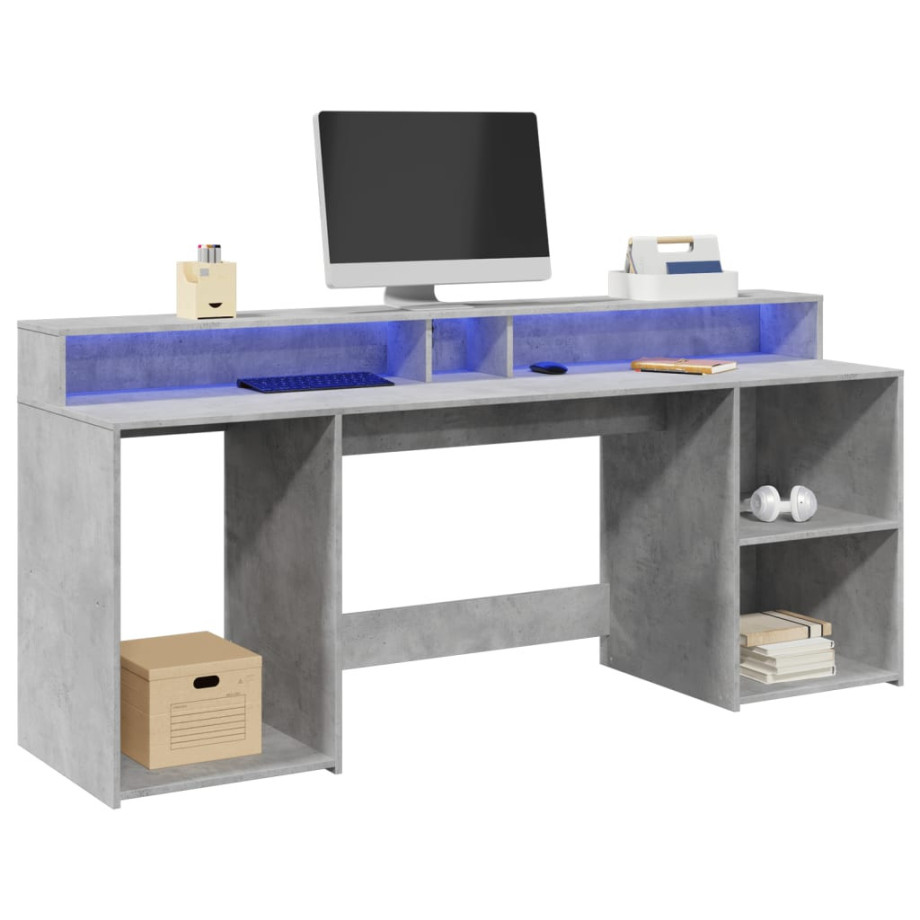 vidaXL Bureau met LED-verlichting 200x55x91 cm bewerkt hout betongrijs afbeelding 1