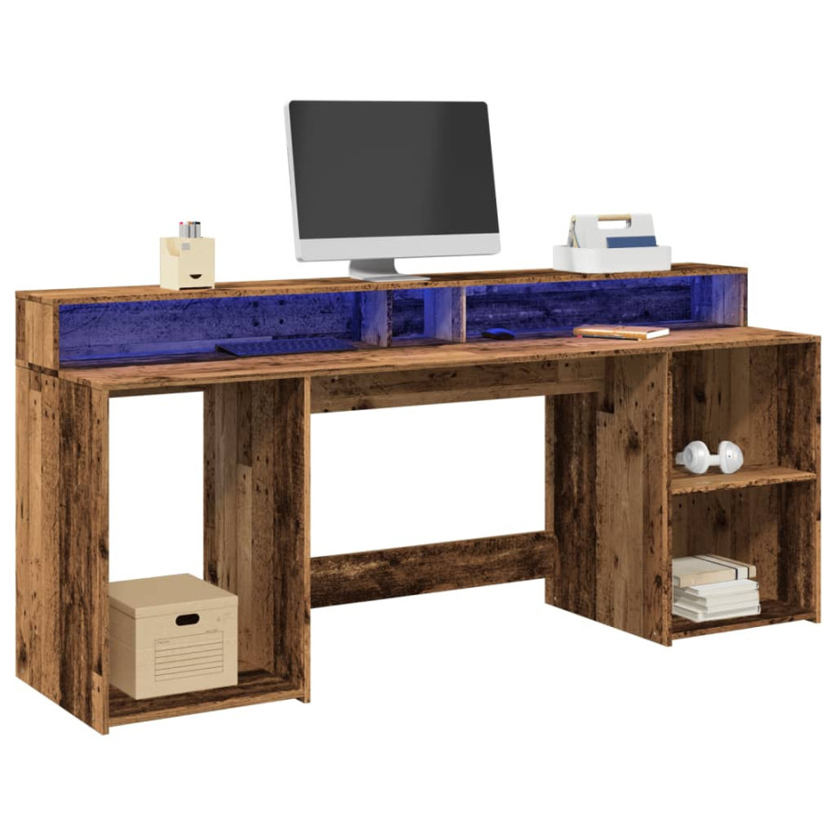 vidaXL Bureau met LED-verlichting 200x55x91 cm bewerkt hout oud hout afbeelding 1