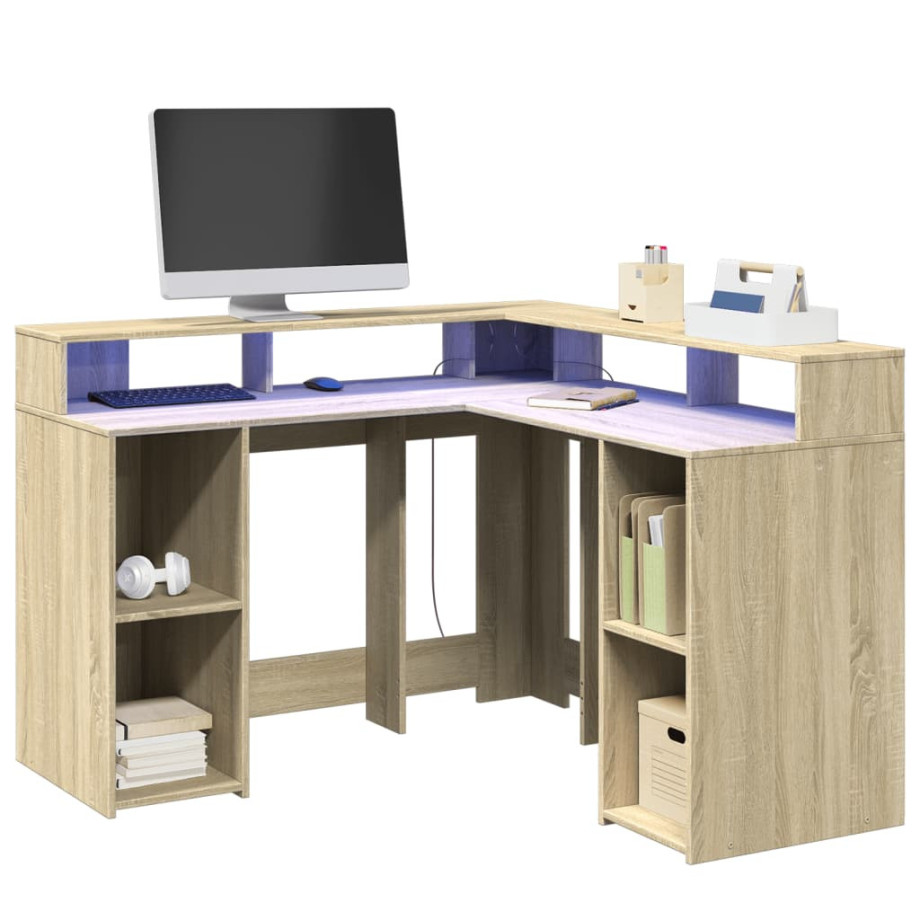 vidaXL Bureau met LED-verlichting 130x130x91 cm hout sonoma eikenkleur afbeelding 1