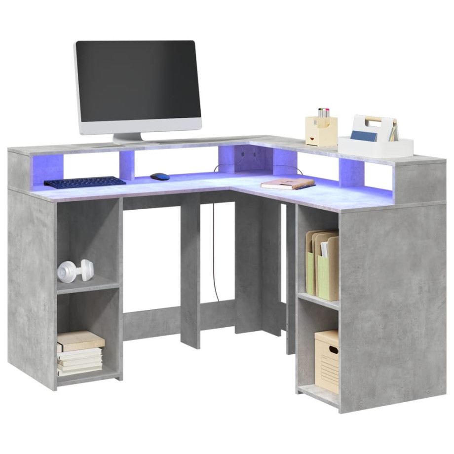 vidaXL Bureau met LED-verlichting 130x130x91 cm hout betongrijs afbeelding 1