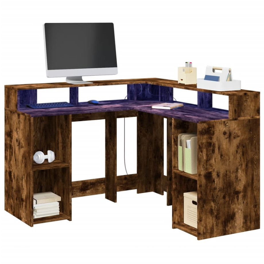 vidaXL Bureau met LED-verlichting 130x130x91 cm hout gerookt eiken afbeelding 1