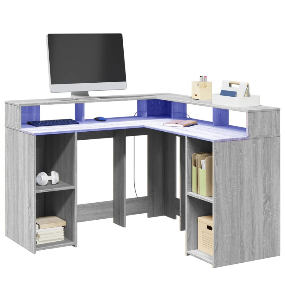 vidaXL Bureau met LED-verlichting 130x130x91 cm hout grijs sonoma afbeelding 1