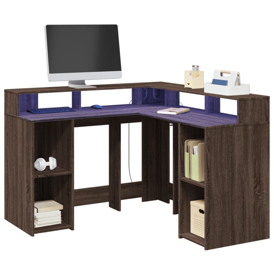 vidaXL Bureau met LED-verlichting 130x130x91 cm hout bruin eikenkleur afbeelding 1