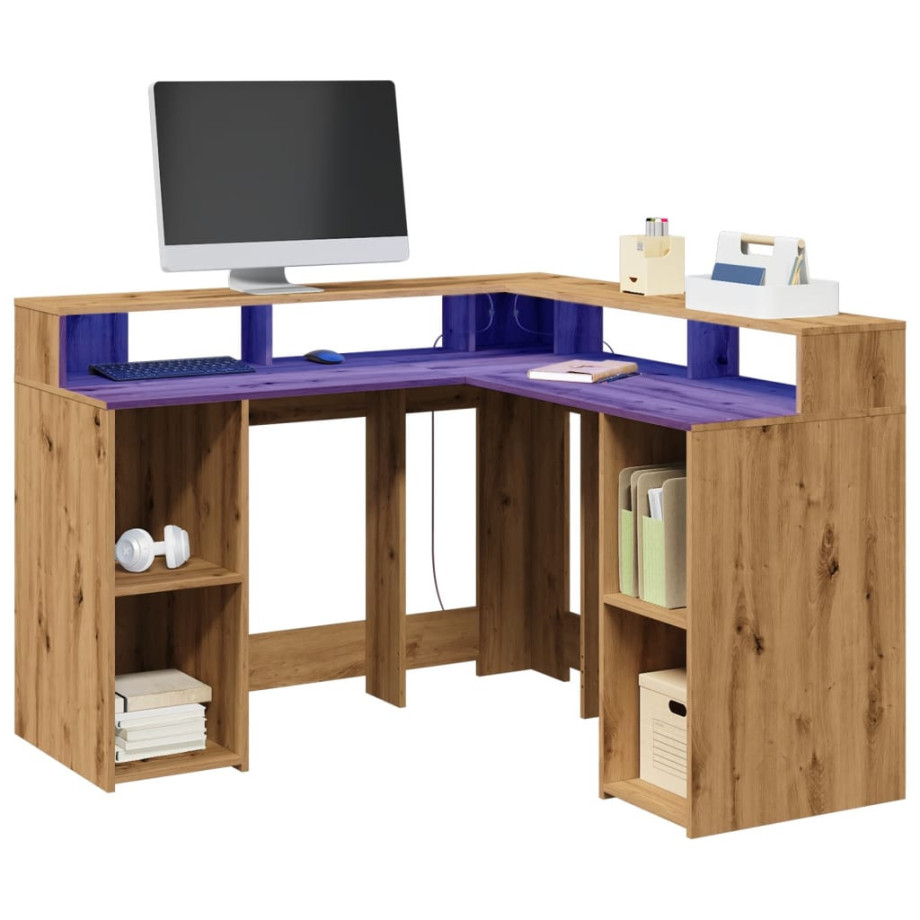 vidaXL Bureau met LED-verlichting 130x130x91 cm hout artisanaal eiken afbeelding 1