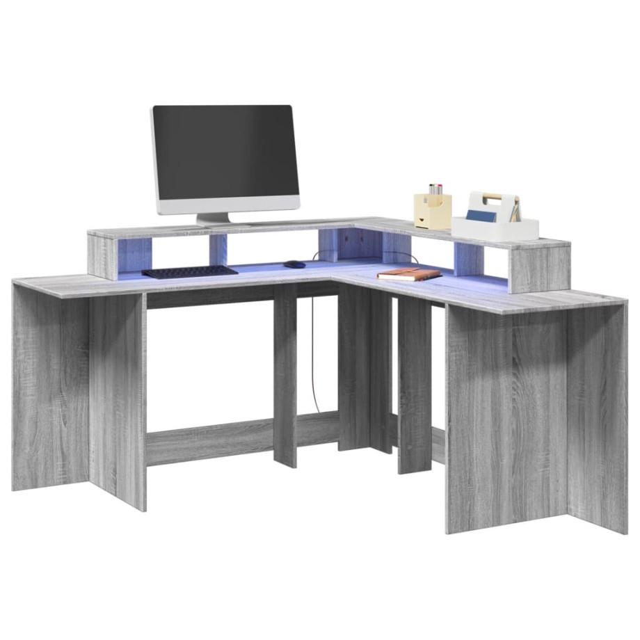 vidaXL Bureau met LED-verlichting 152x152x91 cm hout grijs sonoma afbeelding 1