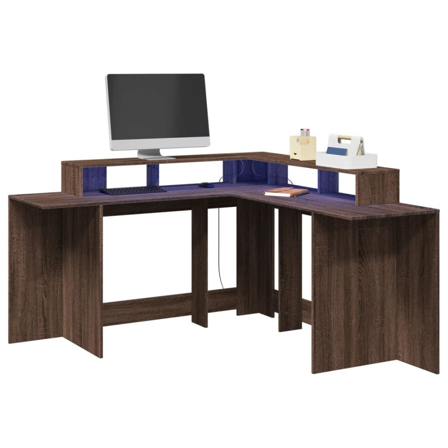 vidaXL Bureau met LED-verlichting 152x152x91 cm hout bruin eikenkleur afbeelding 1